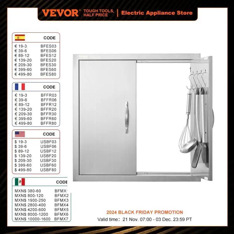 VEVOR BBQ Access Door 24Wx24H In Double Outdoor Kitchen Door Stainless Steel Flush Mount Door Double Wall Vertical with Handles