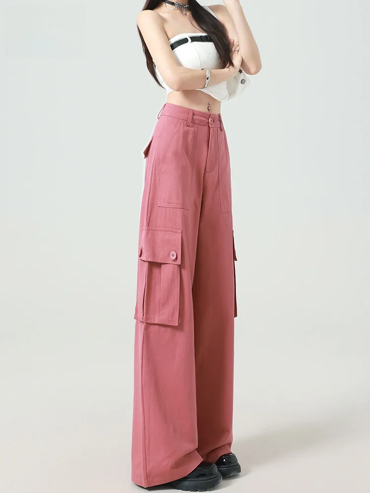 Cool Sweet Style Streetwear Women's Pink Work Trousers Multi-Pocket High Waist Straight Leg Long Pants Casual Cotton Blend