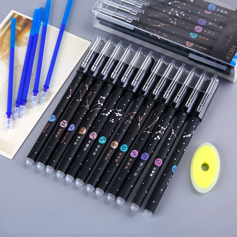 12pcs Constellation Gel Pens, Erasable Pen, Erasable Gel Pen, 0.5mm Super Fine Tip, Black/Blue Ink, Student Stationery