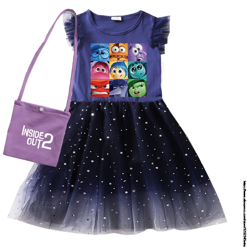 New Inside Out2 Girls Clothes Summer Flying Sleeve Kids Dress Party Baby Dresses for Children Clothing Princess Dresses And Bag