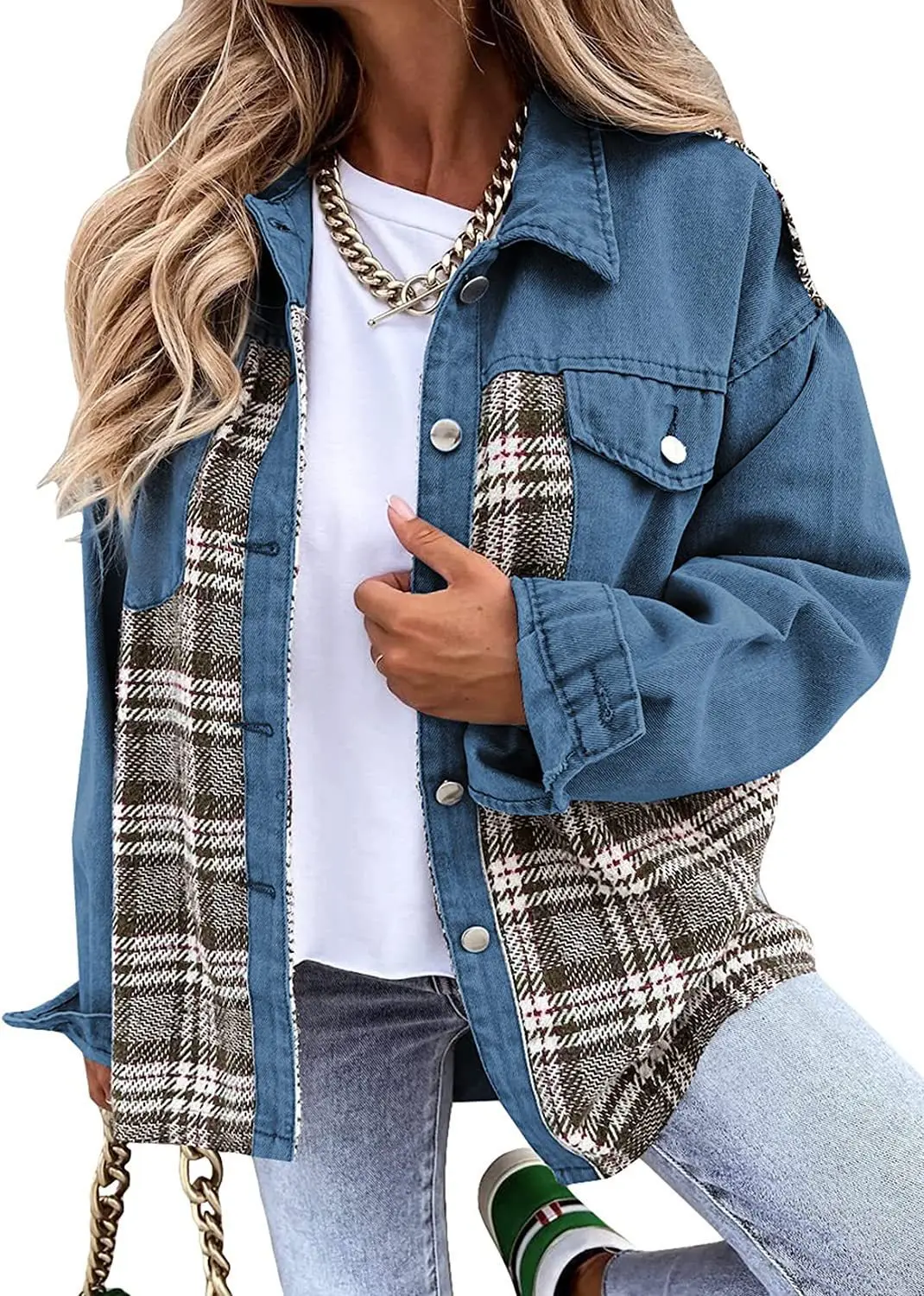 Autumn and Winter Long Sleeved Plaid Color Block Shaking Button Shirt Collar Denim Jacket for Women