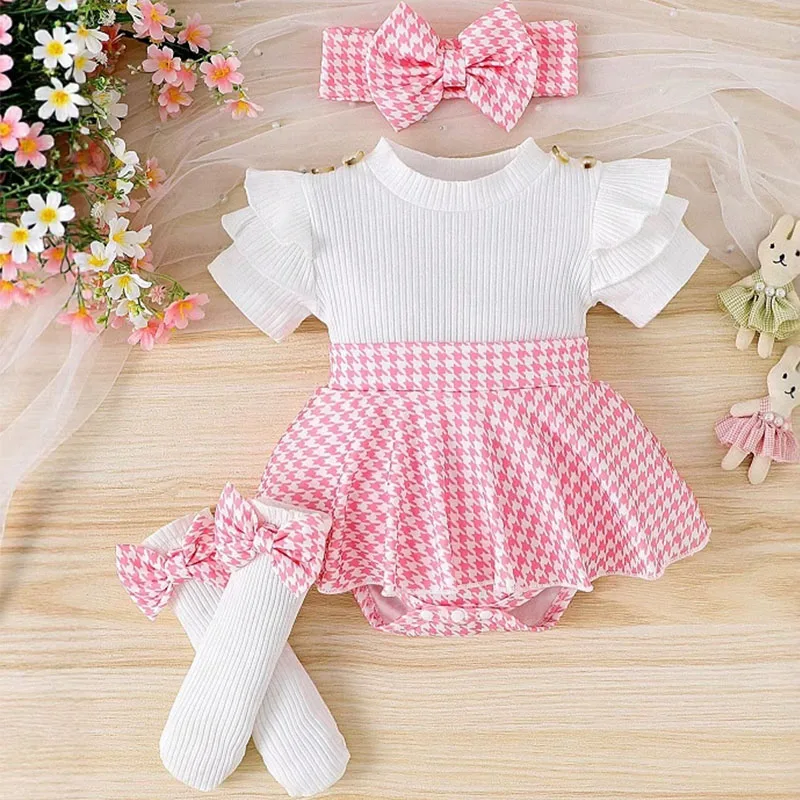 Summer Sets Infant Girl Clothes Korean Fashion Cute Bow Plaid Short Sleeve Bodysuit+Socks+Hairband Baby Stuff Newborn Items B275