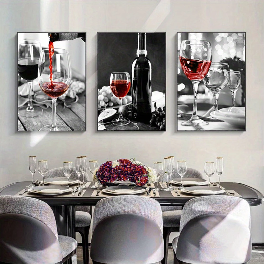 

Frameless Kitchen Poster Red Wine and Bottle Picture Black White Drink Wall Art Canvas Painting Dining Room Restaurant Decor