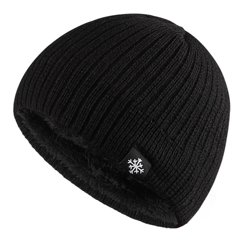 Knitted Plus Fleece Hat Men Beanie Solid Color Skullies with Snow Logo Thick Outdoor Ski Cap