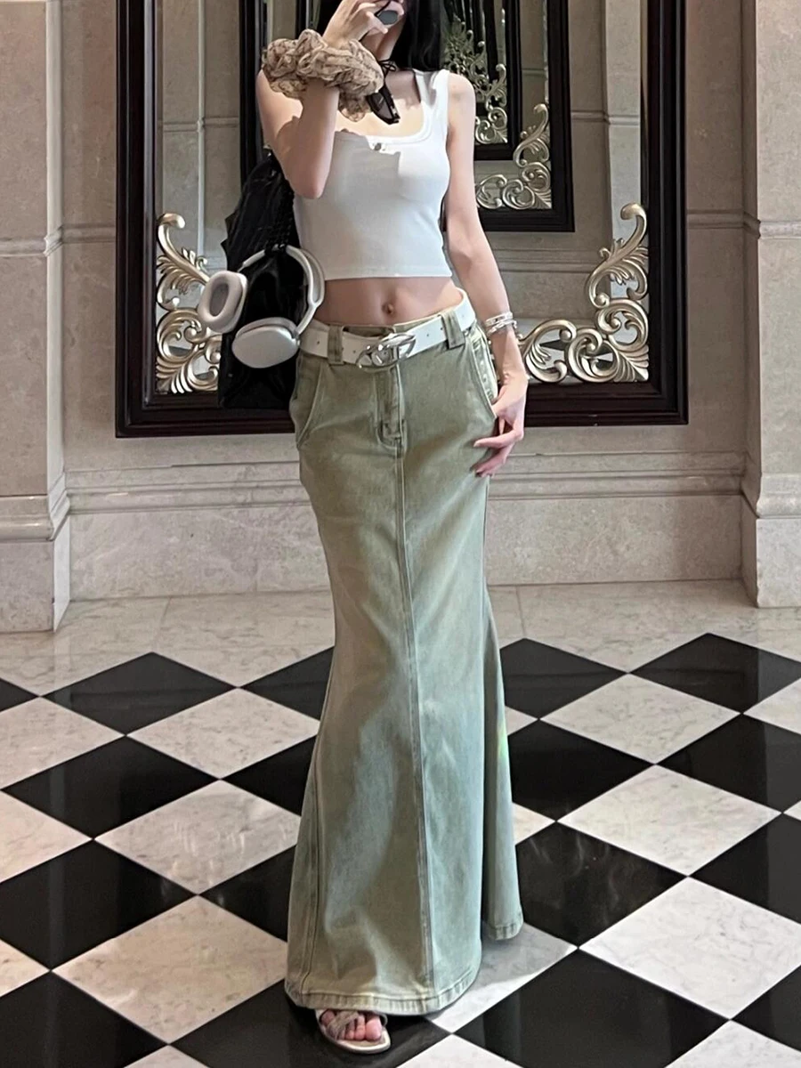 PBAP Sólido Lavagem Denim Maxi Saia Mulheres Cintura Alta Ponto Bolsos Fazer Velho Split Sereia Saia Jeans Longa Verão Vintage Streetwear