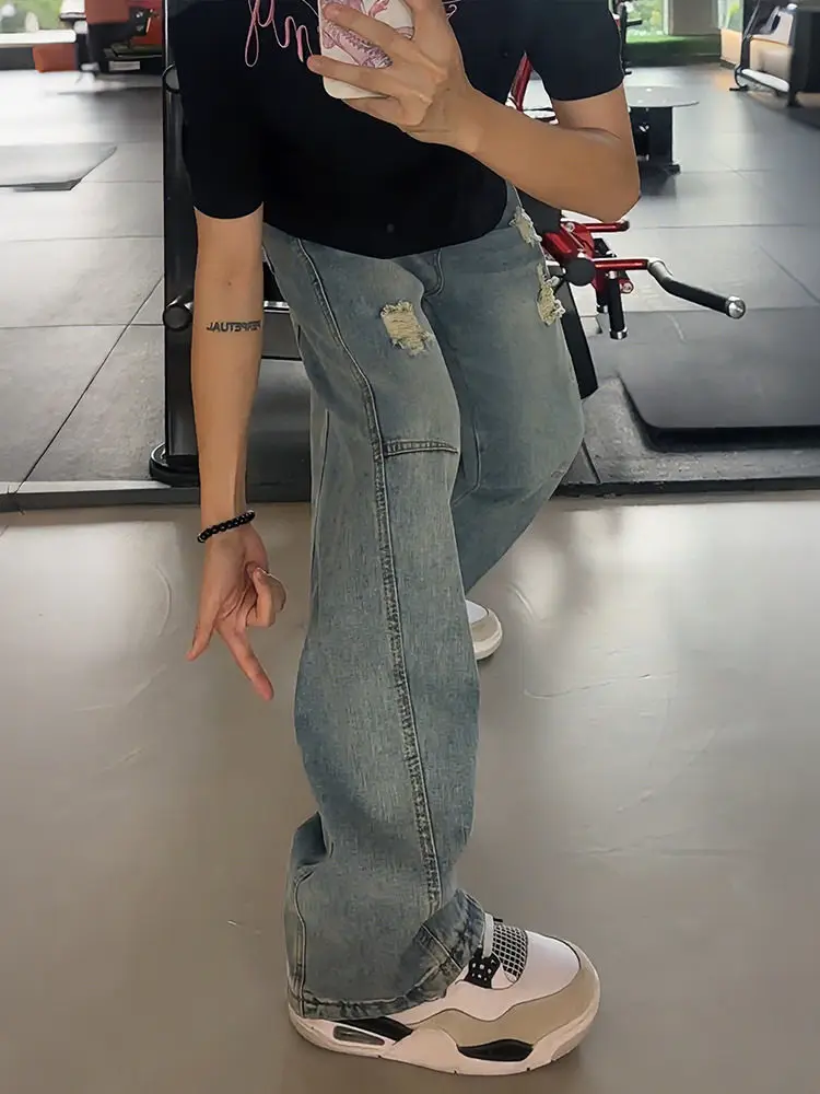 Retro Washed Blue Jeans Men's Deconstructed Patchwork Skinny Slimming Bell Bottoms mid Waist Denim Pants Summer Casual Jeans