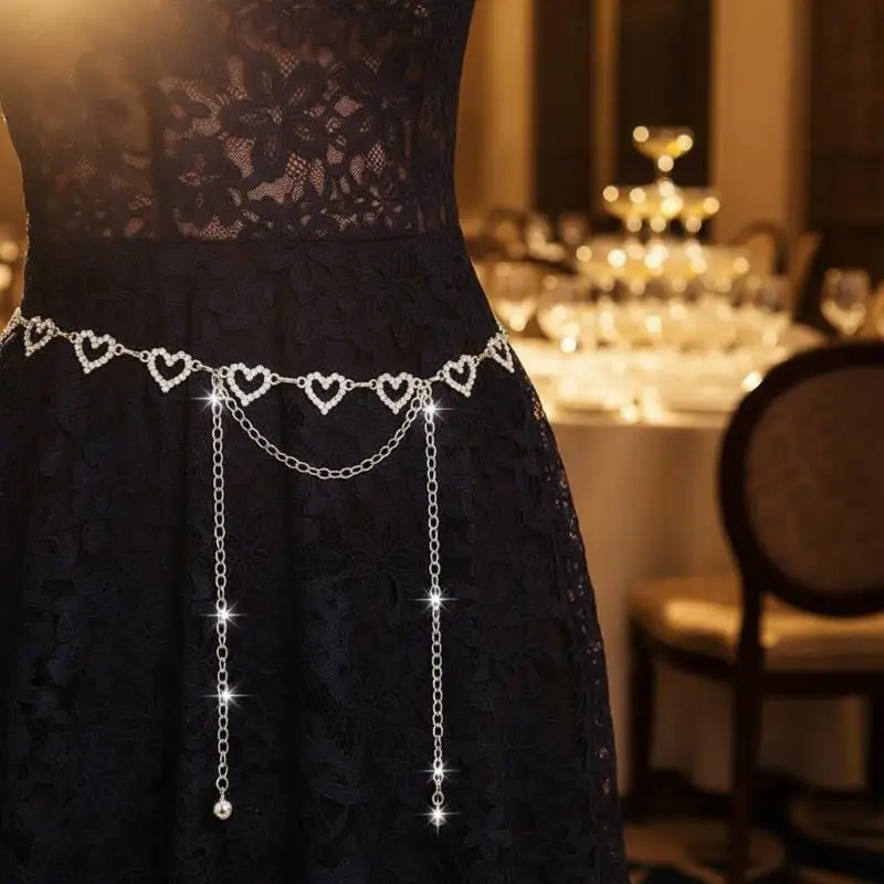 Fashion Rhinestone Heart Waist Chain Adjustable Tassel Jewelry Women Dress Jeans