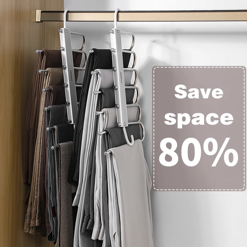MENGNI Folding Pants Hangers 6 layers Stainless Steel Space Saving Clothes Rack Organizer For Wardrobe Trousers Jeans Scarf