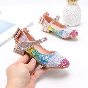Разноцветные туфли для девочек на низком каблуке, элегантные детские сандалии Мэри Джейн с бантом на спине для девочек, детская универсальная обувь, 2023