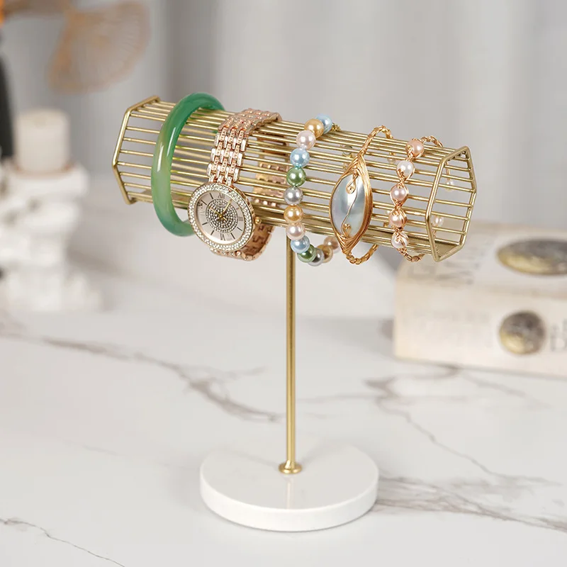 

Golden Wrought Iron Jewelry Display Stand Holder with Marble Base for Bracelet Watch Bangle Boutique Store Countertop Decor