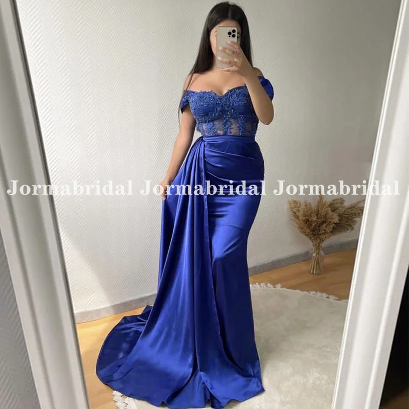 Sexy Royal Blue Prom Dresses Sweetheart Appliques Illusion Off-Shoulder Shiny Satin Long Ribbon Mermaid Evening Dress for Women