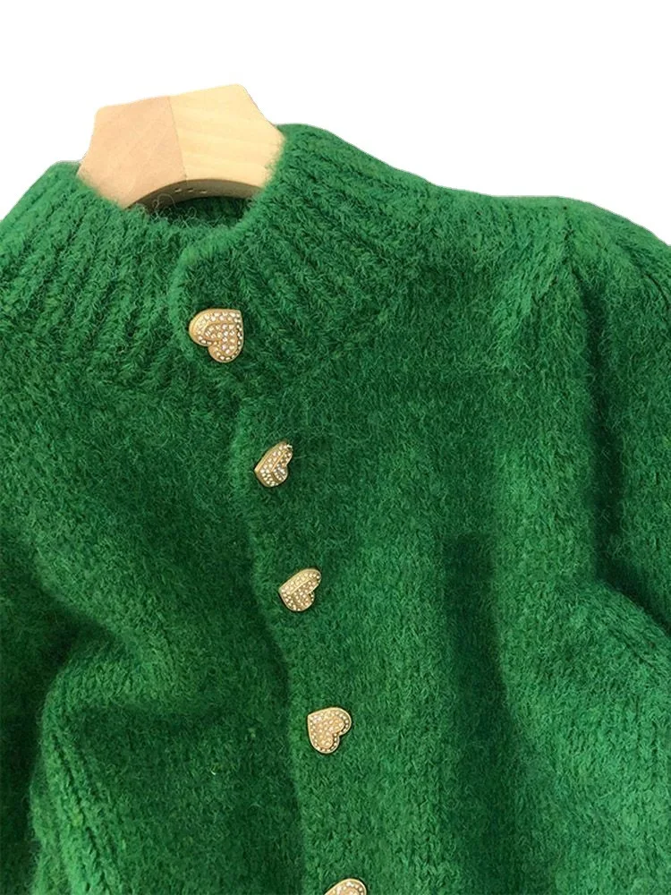 Casaco de lã de malha verde outono meia gola alta doce casual coreano moda inverno nova jaqueta casual