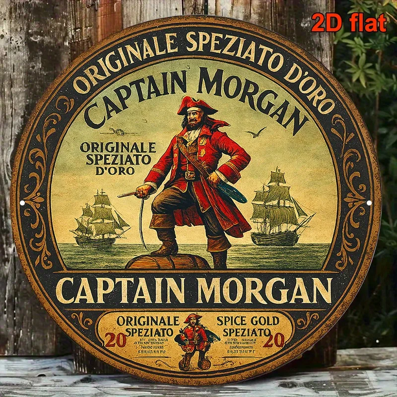 Letrero de Madera Vintage 2D del Capitán Morgan, Placa Redonda Retro de Ron Pirata Caribeño, Decoración de Pared con Arte Náutico Estético, Estilo Rústico