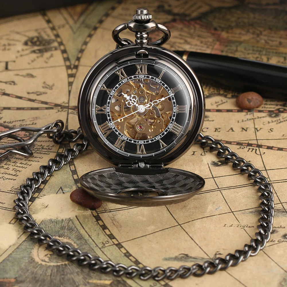 Retro Automatic Mechanical Pocket Watch Classic Stylish Roman Numerals Display Black Fob Chain Pendant Clock Antique Timepiece