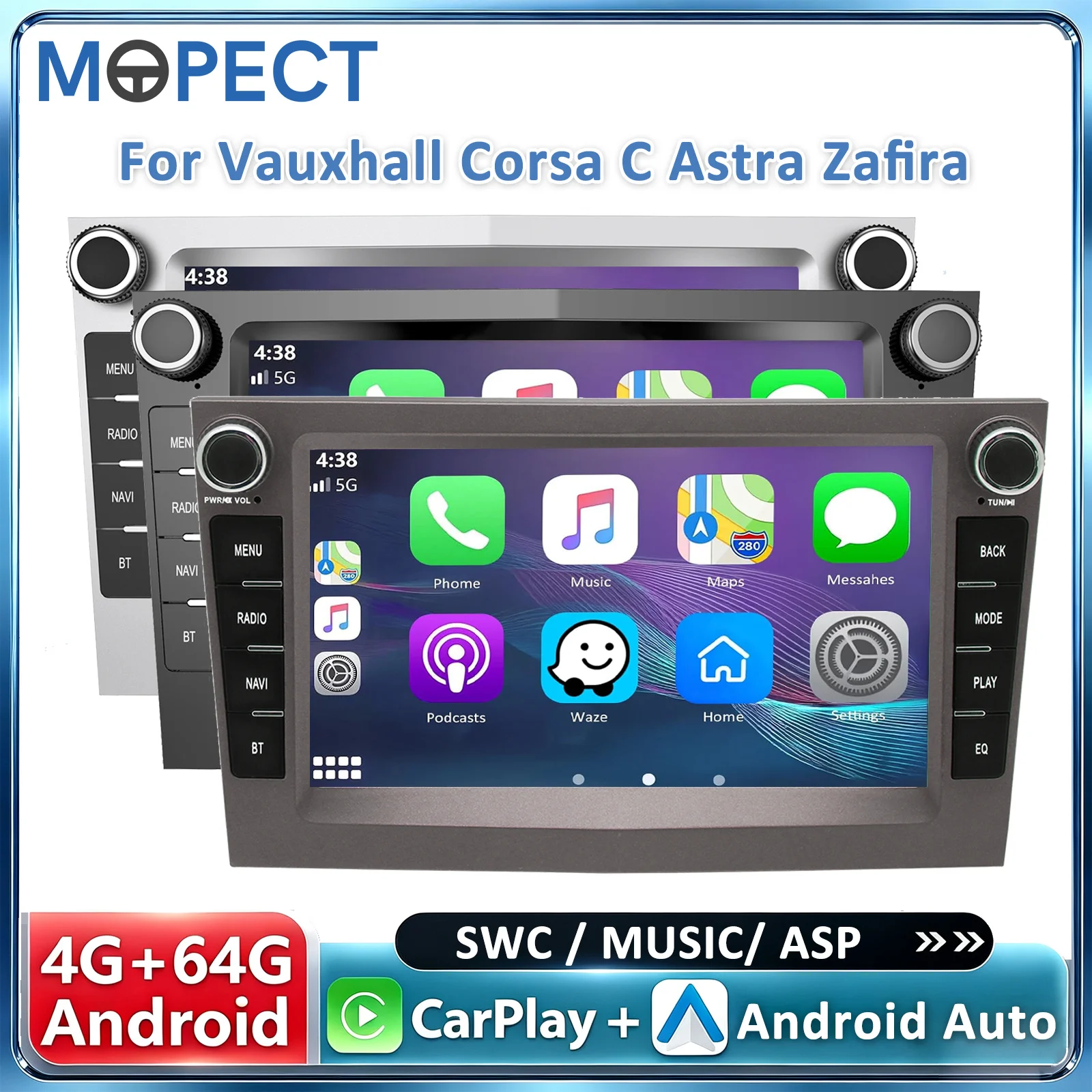 Autoradio MOPECT 4+64G da 7 pollici con CarPlay e Android Auto wireless, radio digitale DAB+, GPS, Bluetooth, FM, RDS, DVR, SWC per Vauxhall Opel Astra/Vectra/Corsa/Zafira