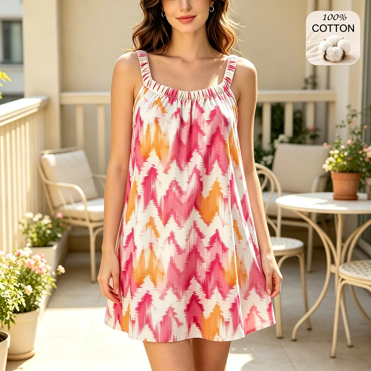 Novelty Tie-dye Print Cotton Camisole Nightgown Women's Soft Breathable Skin-Friendly Sleep Dress Casual Home Sleeveless Pajamas