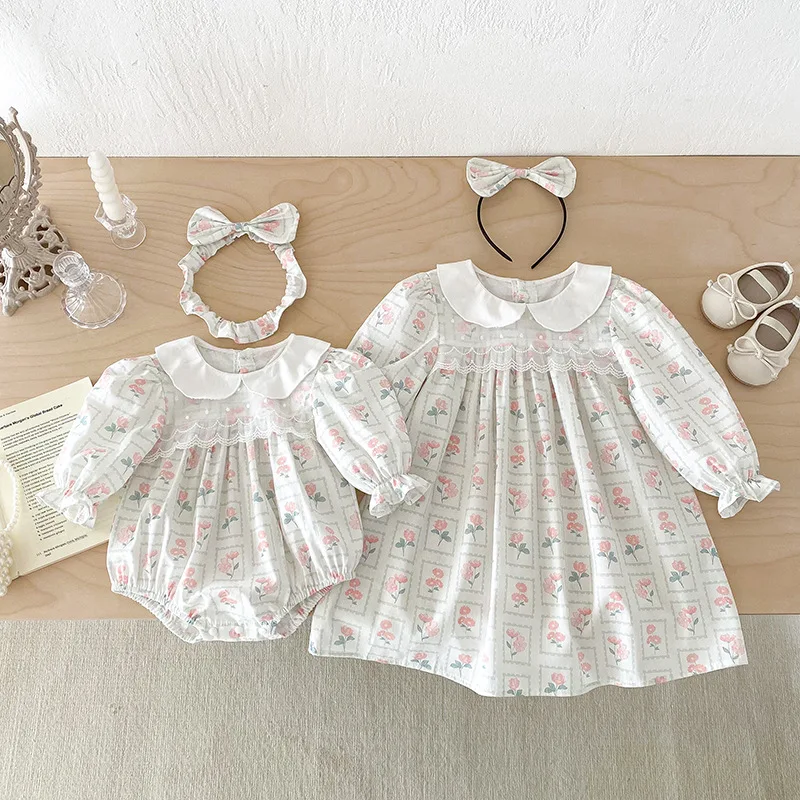 

Big Sister Little Sister Matching Floral Print Outfit Cotton Twins Baby Cute Clothes Toddler Bodysuit Kids Girls Flower Dresses