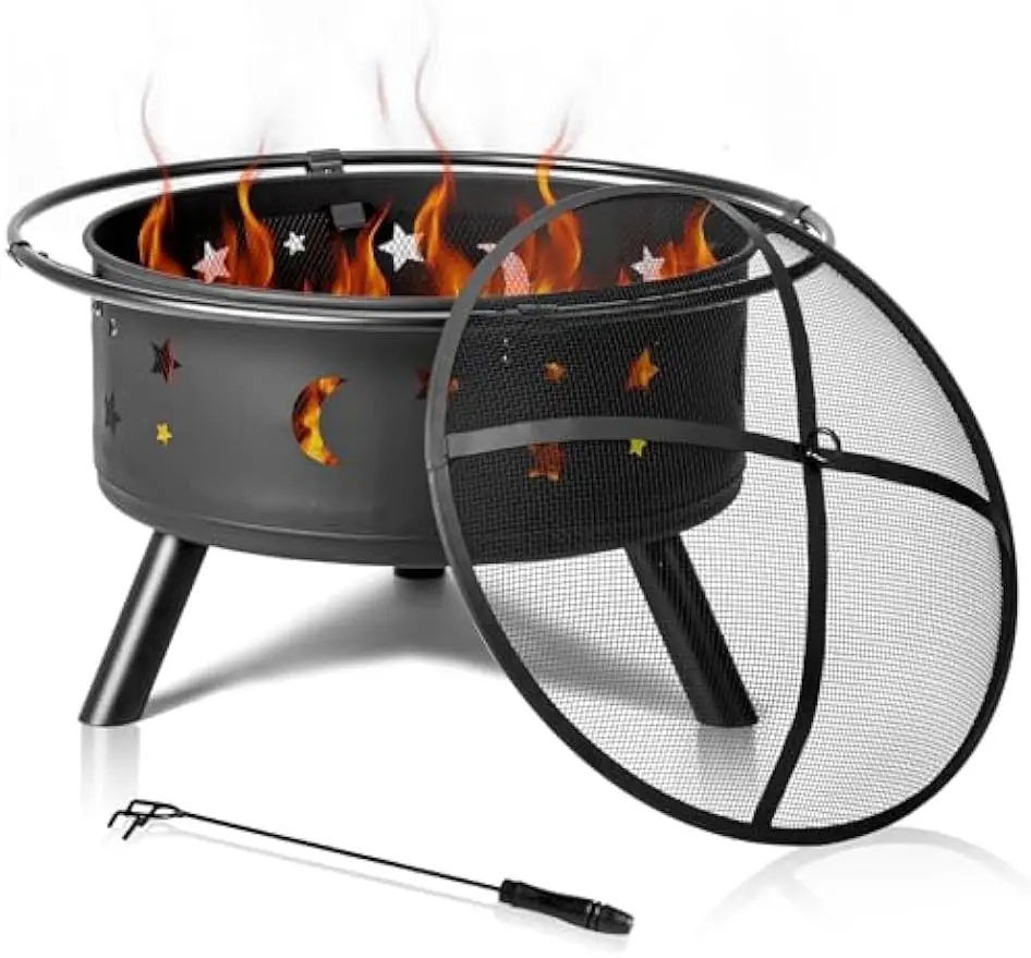 

Outdoor Firepit with Spark Screen Outer Ring and Poker,Utility Grill Fire Pit Heating Stove for Camping Picnic and Bonfire,Black