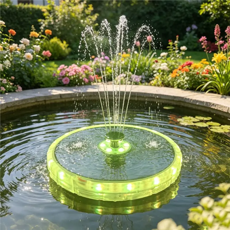 ABUG-Solar Water Fountain Pump With LED Light Ring Floating Fountain For Bird Bath Garden Pond Pool
