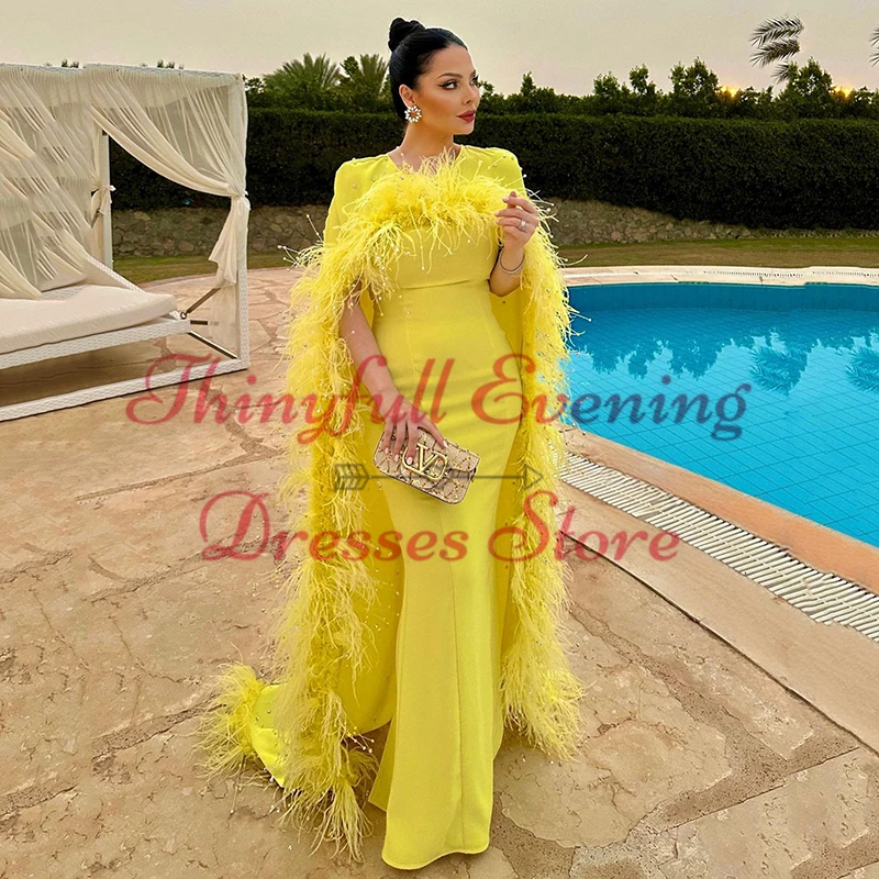 Thinyfull Formal Mermaid Prom Evening Dresses Feather Satin Party Dress With Shawl Women Cocktail Prom Gowns Saudi Arabia Dubai