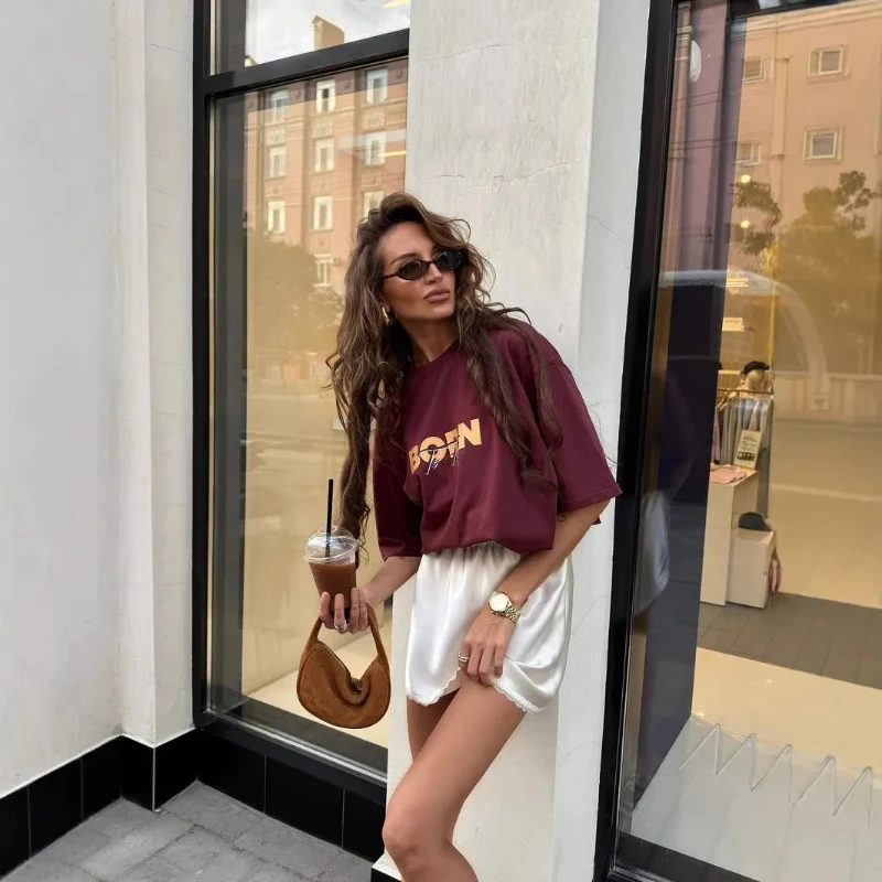 

2025 Summer Maillard Color Printed Hot Girl T-shirt for Women, American Retro Sports Oversize Shoulder Down Short Sleeve Top