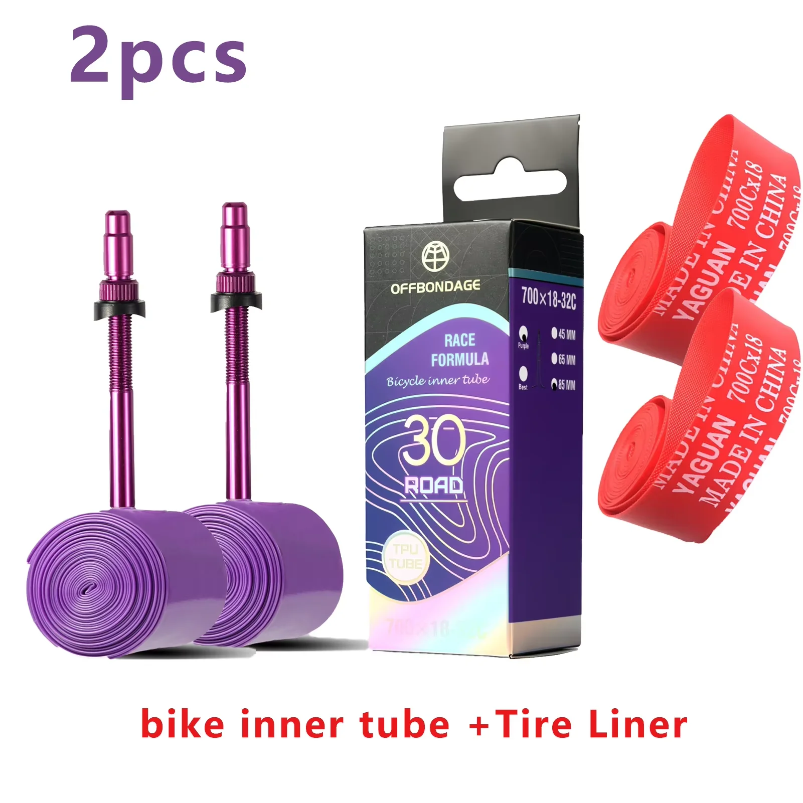 OFFBONDAGE 2 Stück Ultraleichter TPU-Fahrradschlauch 30g 700c 18-32 Rennrad 45/65/85mm Aluminiumlegierung Französisches Ventil