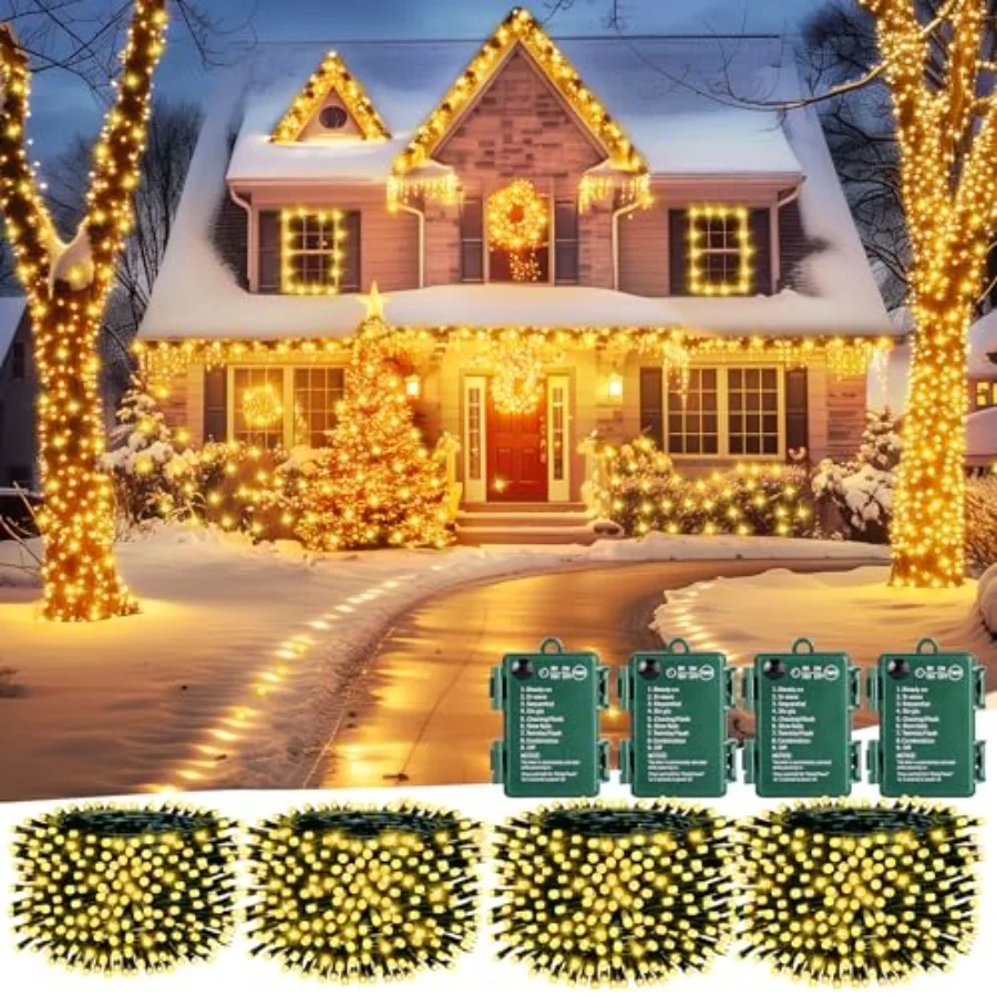 

Christmas Lights Outdoor Battery Operated 4 Pack Total 132Feet 400 LED Battery Powe Fairy Lights with Timer 8 Mode Waterproof C