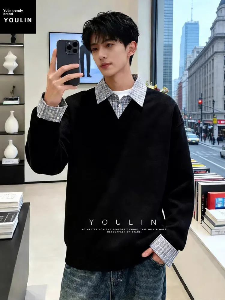 

Bla Ne Sweatirt Men's American Retro Long Sve T-irt Heavyweight Collared Base irt Home Casual Daily Wear