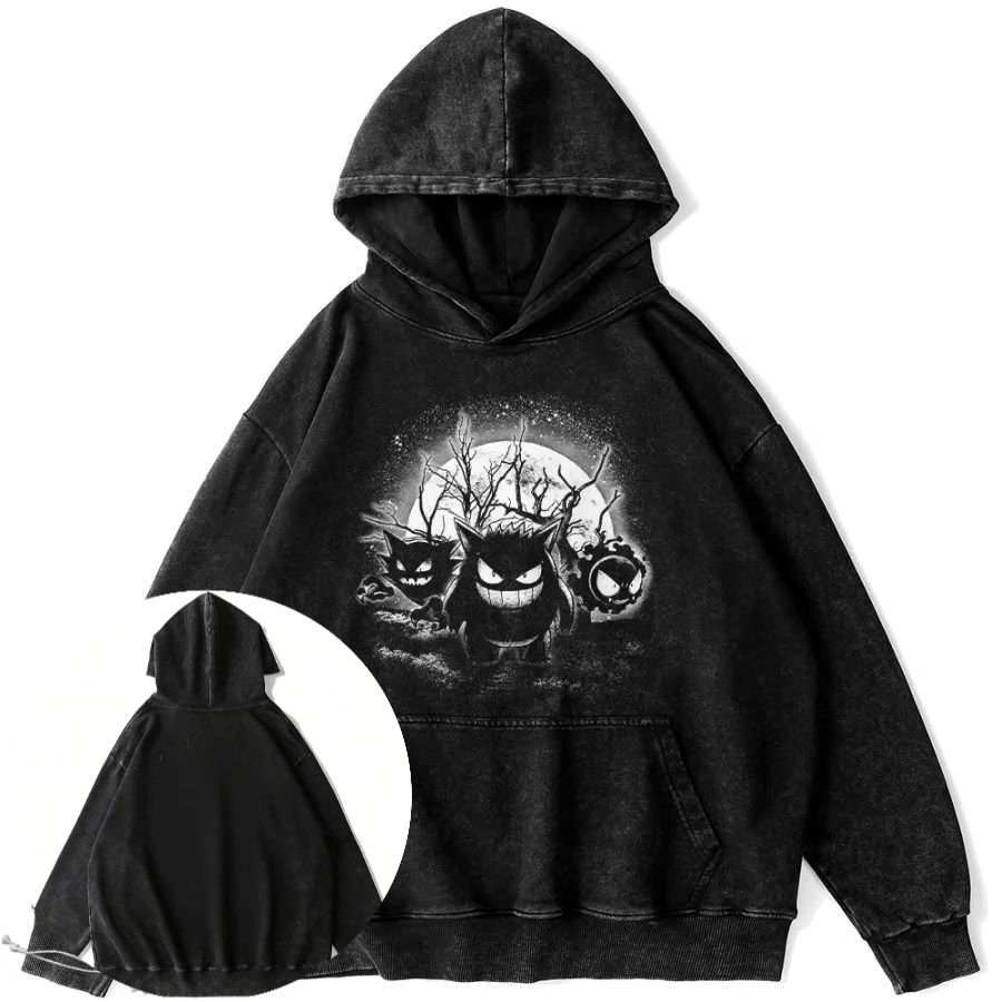 Męska bluza z kapturem z bawełny w kolorze spranej czerni z grafiką Pokemon Anime Ash Hat Skull i kolorowym motywem grupy potworów, retro, casual, z długim rękawem.