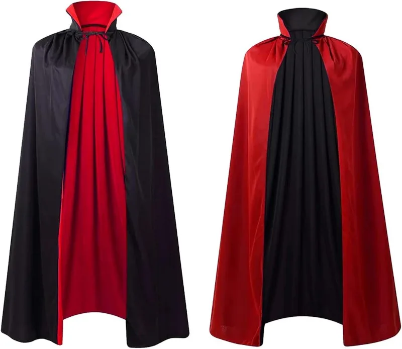 Capa reversível com capuz, fantasia de mascote com gola alta, preto vermelho dupla face medieval renascentista fantasia cosplay,