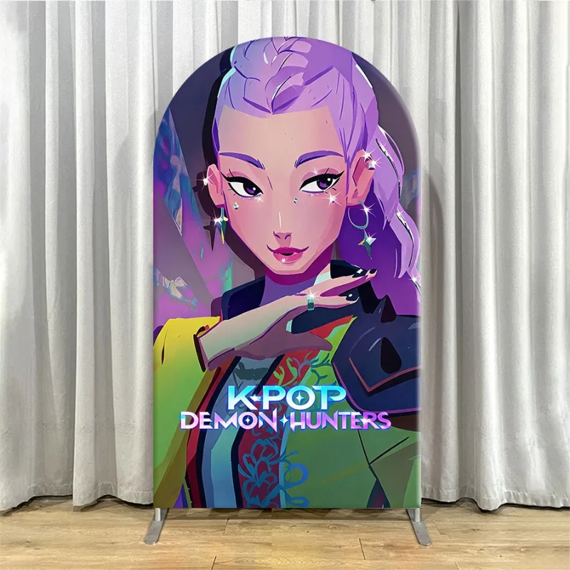 Non Elastic Kpop Demon Hunters Arch Backdrop Cover Single-layer Birthday Backdrop Decor for Party Events Featuring Anime Style