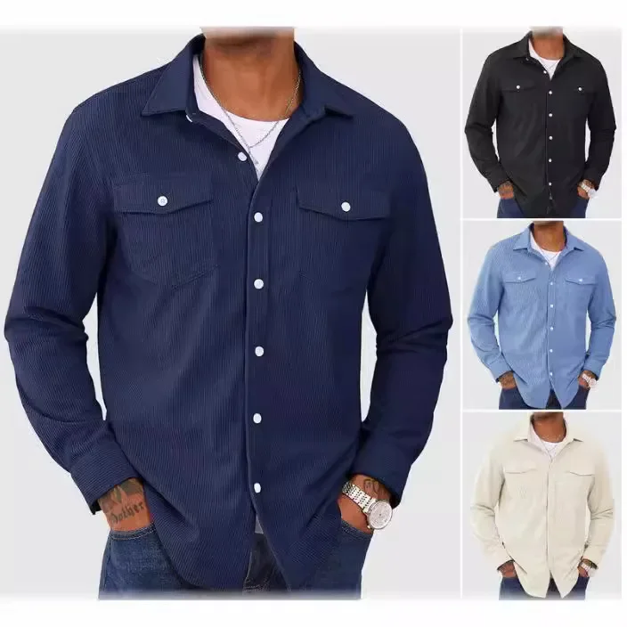 

Spring Autumn New Fashion Men's Casual Single-breasted Solid Color Corduroy Long Sleeve Turn-down Collar Shirts Male Cargo Shirt