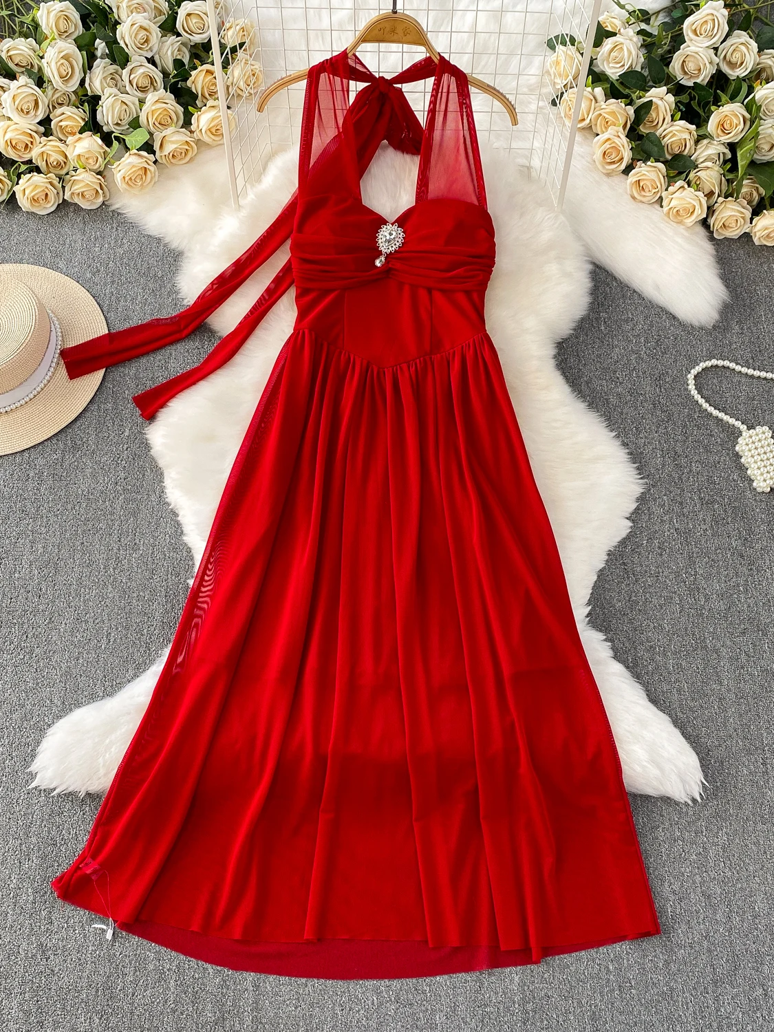 エレVネックウエストシェイプドセクシーハンギングネグランハイウエストAラインスカートサマーシーズンレディースドレス