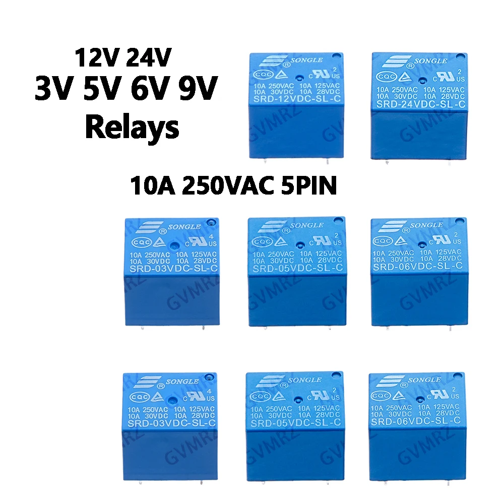 10PCS 3V Relays 10A 250VAC 5PIN SRD-12VDC-SL-C SRD-03VDC-SL-C SRD-05VDC-SL-C SRD-06VDC-SL-C SRD-09VDC-SL-C 12V 24V 48V 5V 6V 9V