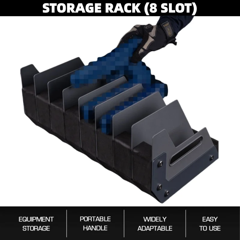 

Handheld storage compartment for pistol racks and anti-collision equipment for shooting range launchers