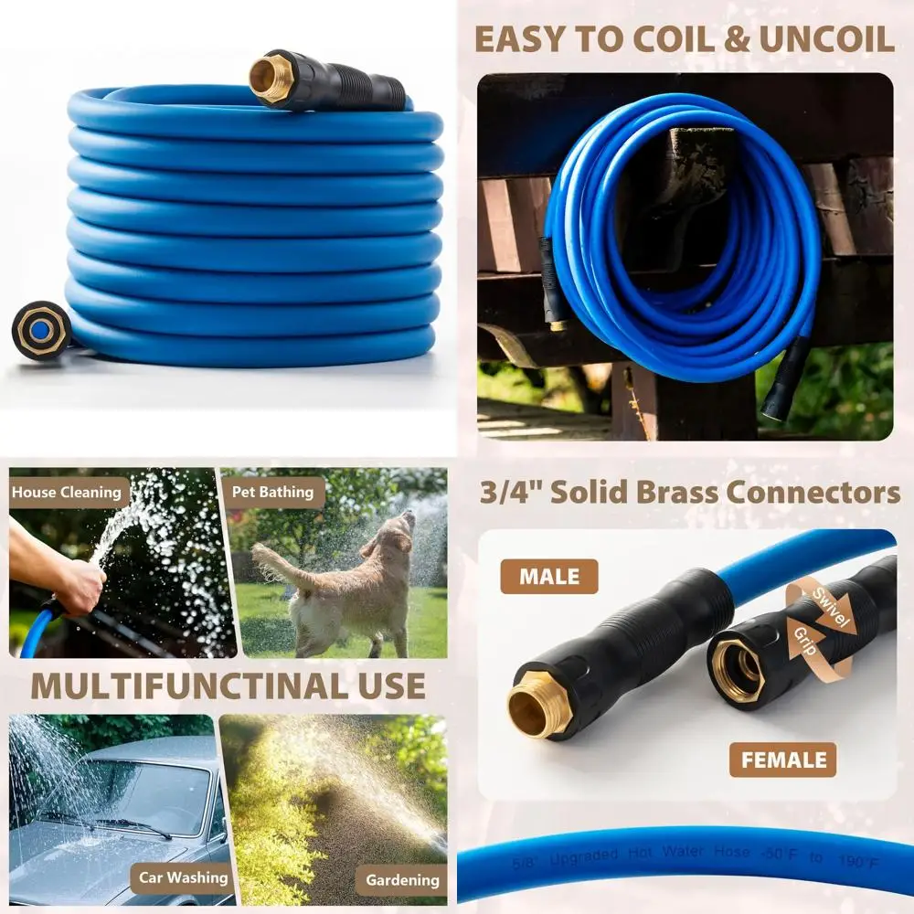 

75ft Heavy Duty Flexible Hot/Cold Water Hose with 600 Psi Burst Pressure, 3/4 Brass Fittings, Swivel Grip Handle for Outdoor Use