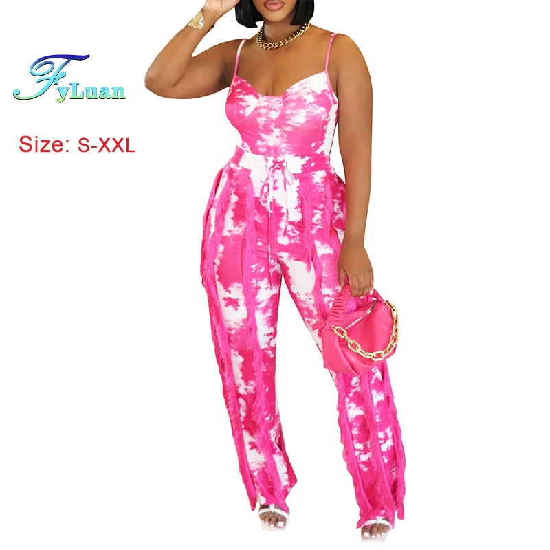 

2025 Summer Sexy Women's Two-Piece Set Print Tassels Suspender Jumpsuit Female Sets Casual Comfortable Drawstring Trousers Sets