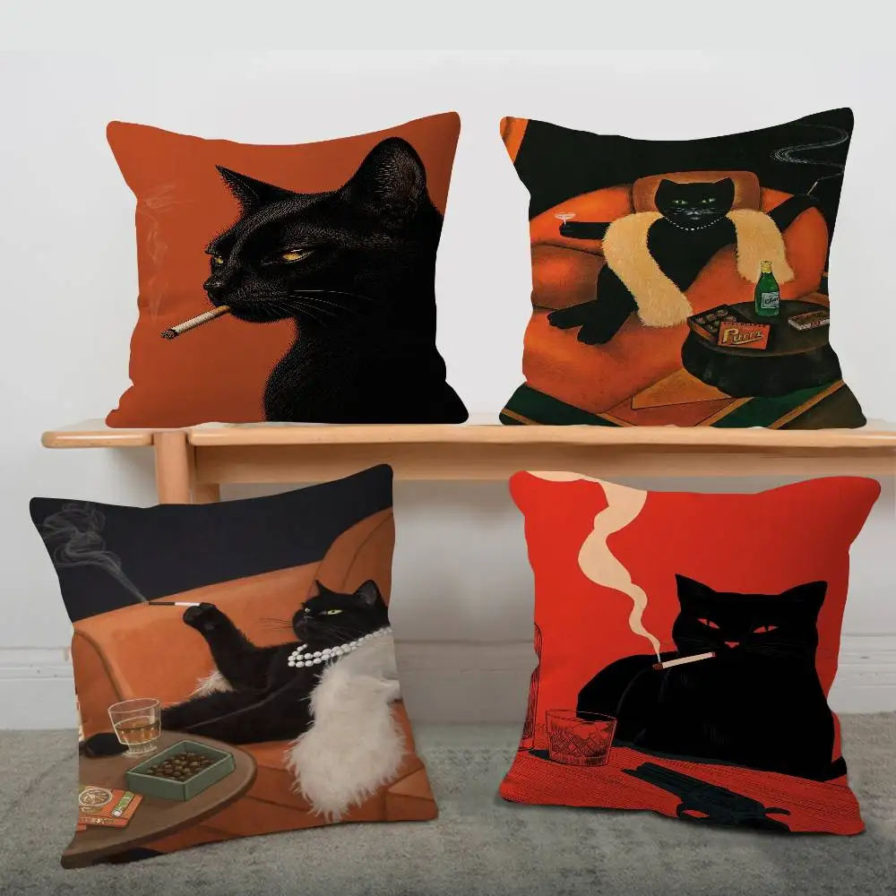Black Cat Smoking a Cigarette Pillow Anime Pillow Sofa Bed Head Pillow Cover Cushion Cover 45x45 cm Fashion