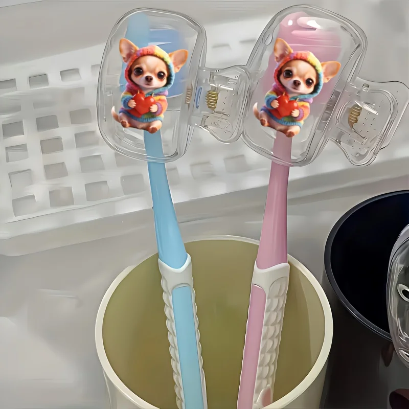 2pcs Chihuahua Wearing Rainbow Striped Hoodie Holding Red Heart Toothbrush Storage Clip  Travel Essential Ideal Holiday Gift