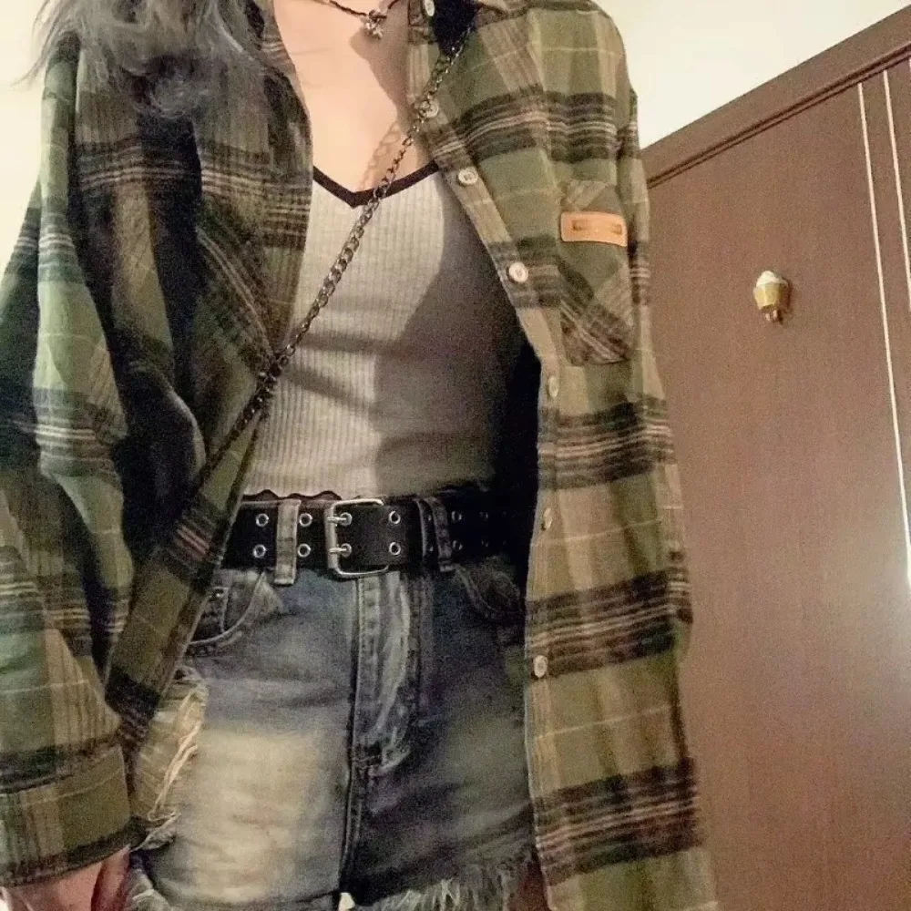 

Зеленая фланелевая рубашка для женщин, воротник на пуговицах с длинными рукавами, клетчатая рубашка в клетку, куртка для девочек-подростков, повседневная повседневная одежда, блузка