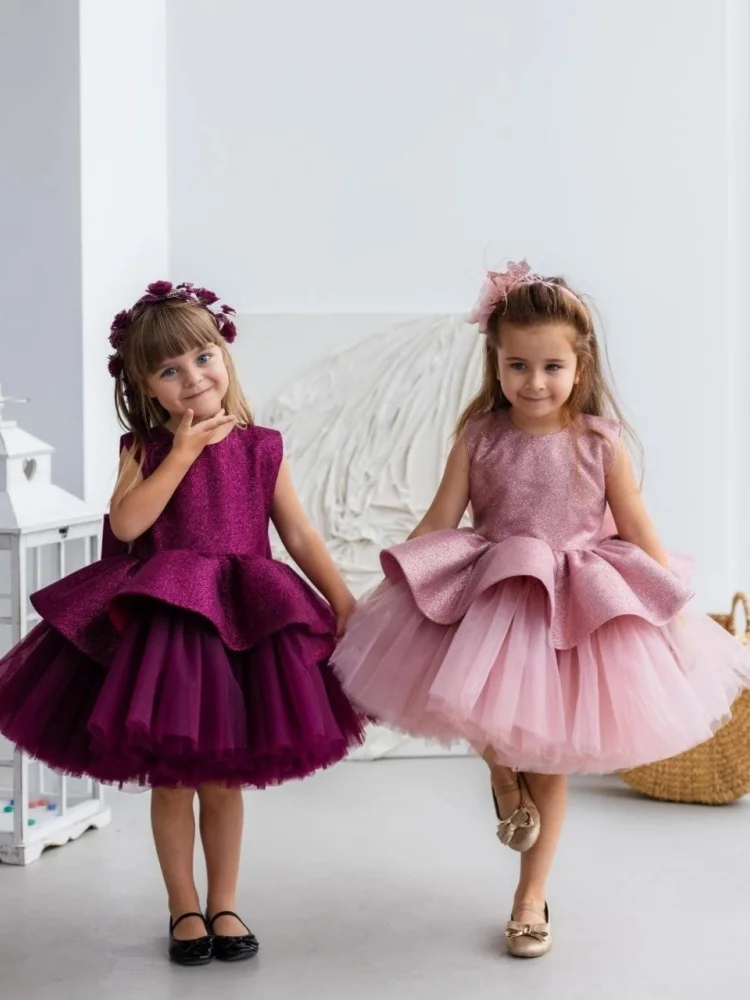 Glitter Pink Custom Flower Girl Dress Sleeveless Ruffle Puffy Tulle Tutu For Birthday Party Wedding Pageant