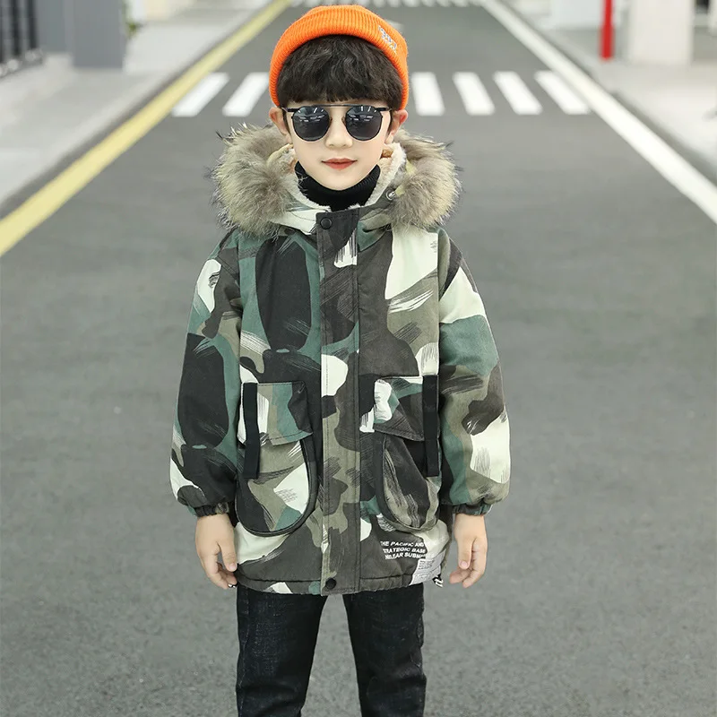 Boys Coat Jacket Cotton Outerwear Windbreak 2023 Camouflage Thicken Velvet Winter Warm School Sport Children\'s Clothing