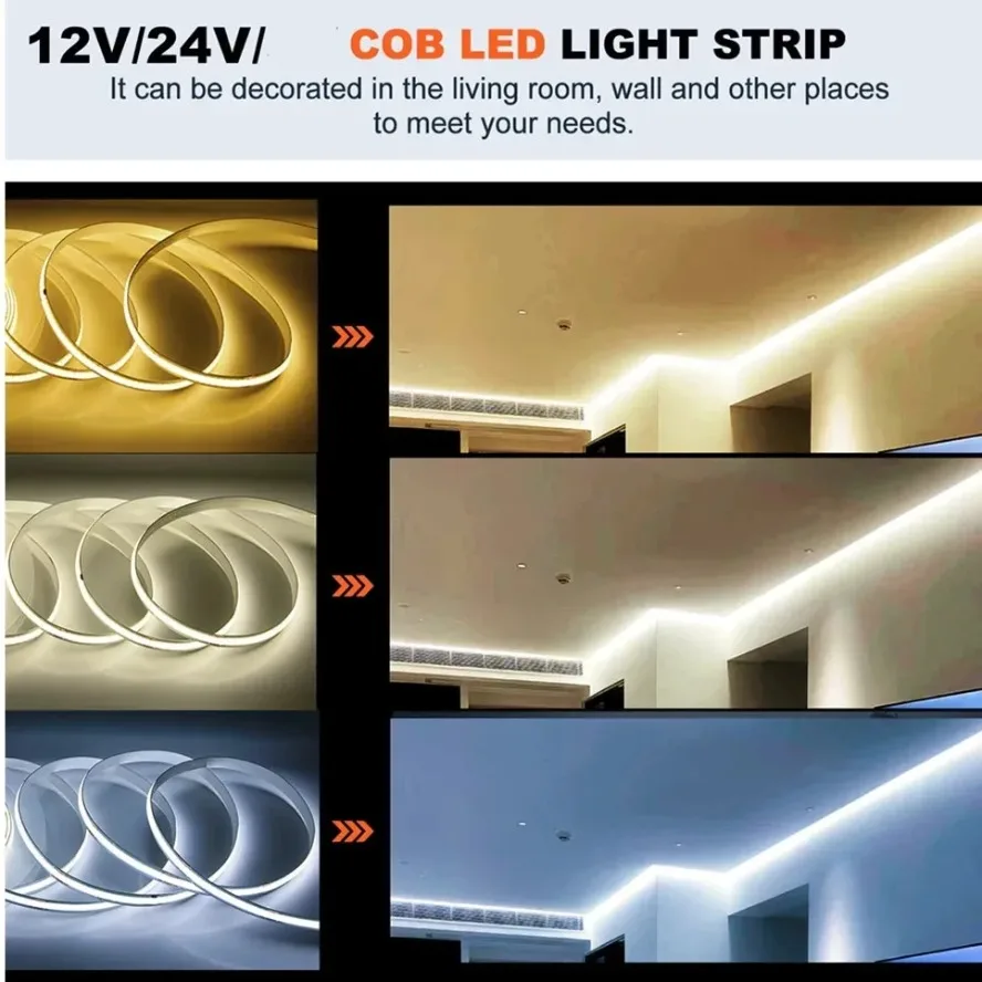 10m COB LED Strip DC 12V 24V Warm FOB LED Lights for Room Bedroom Decor 3m 5m High Density Soft Flexible Neon Tape Light Lamp