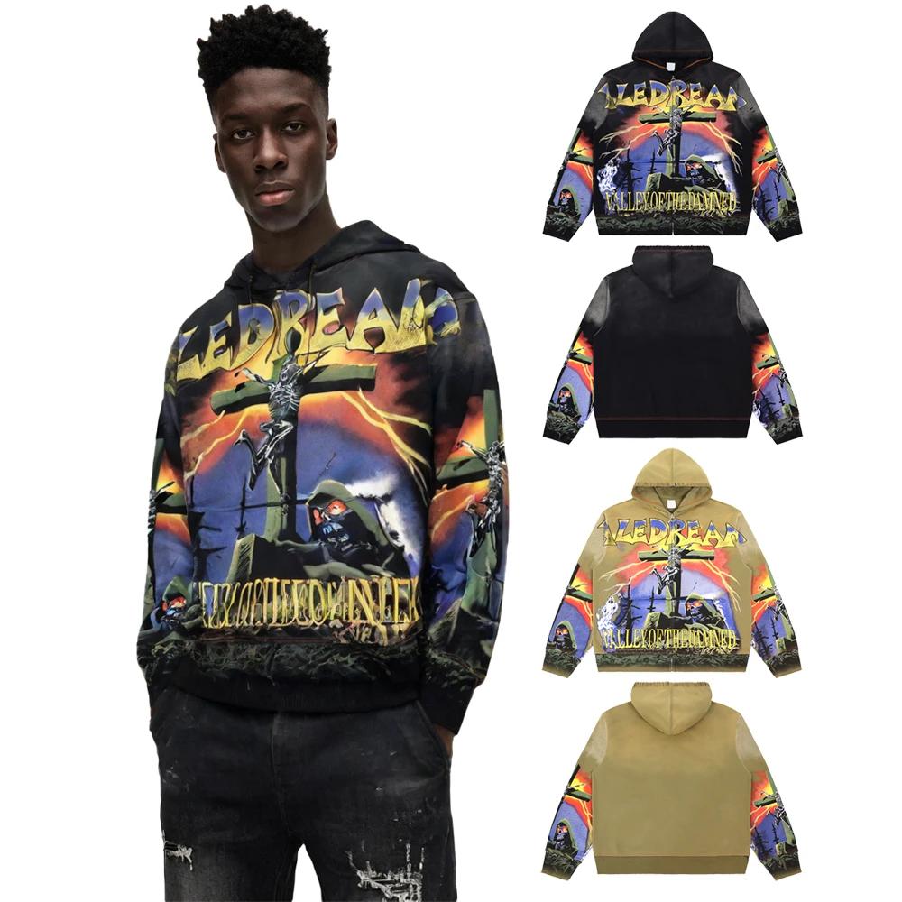 

Streetwear Clothing Y2k Gothic Graphic Zip-up Hooded Distressed Hiphop Street Style Cotton Vintage Men's Hoodies and Sweatshirts