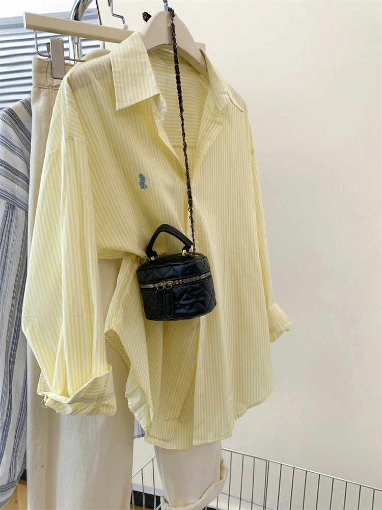 

Lazy Sle Желтая полосатая блузка с воротником irt Jaet ex Весенне-осенняя дизайнерская антивозрастная длинная блузка све, повседневная свободная посадка