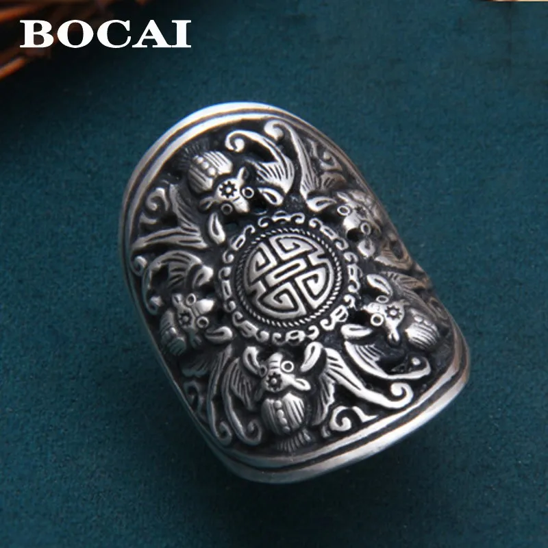 BOCAI New S999 Silver Retro Wide Version Chinese Style Window Flower Bat Ring for Wwomen Aadjustable Fashionable Holiday Gift