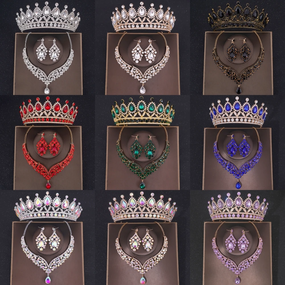 

Набор из 3 предметов: колье, серьги и корона с кристаллами, свадебный комплект украшений с камнями, аксессуары для волос, корона-тиара, подарок