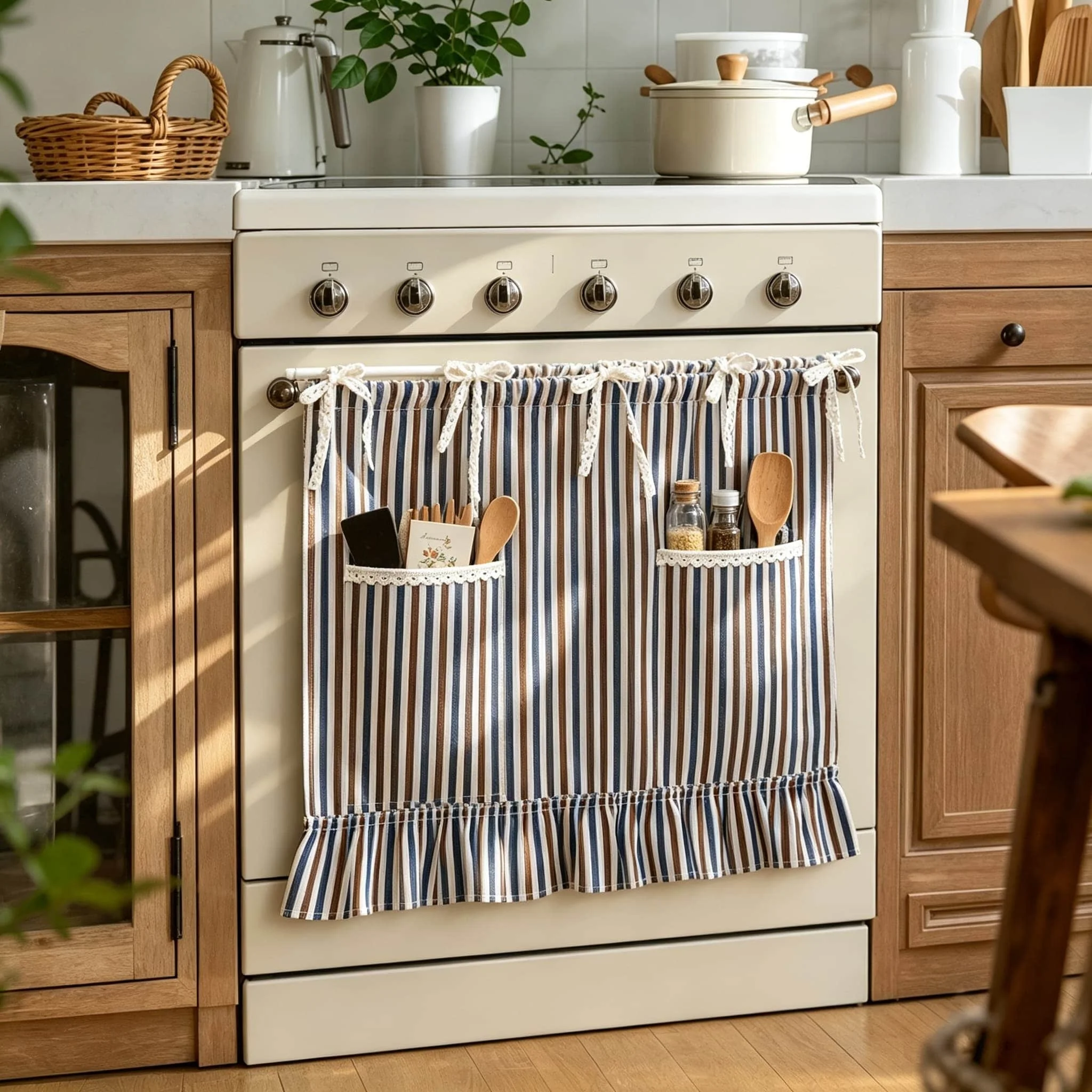 Striped Cabinet Curtain with Storage Pockets, Lace Ruffle Tie On Dust Cover Curtain for Kitchen Bathroom Balcony Laundry Room