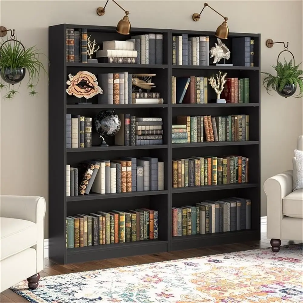 Universal Tall 5 Shelf Bookcase in Black - Set of 2, Matching Storage and Display Bookshelves for Home Office