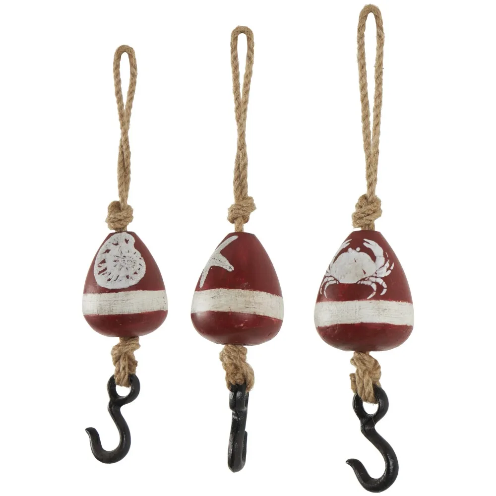 3W, 14H Red Wood Buoy Wall Hook with Jute Rope and Metal Hook, 3-Pieces